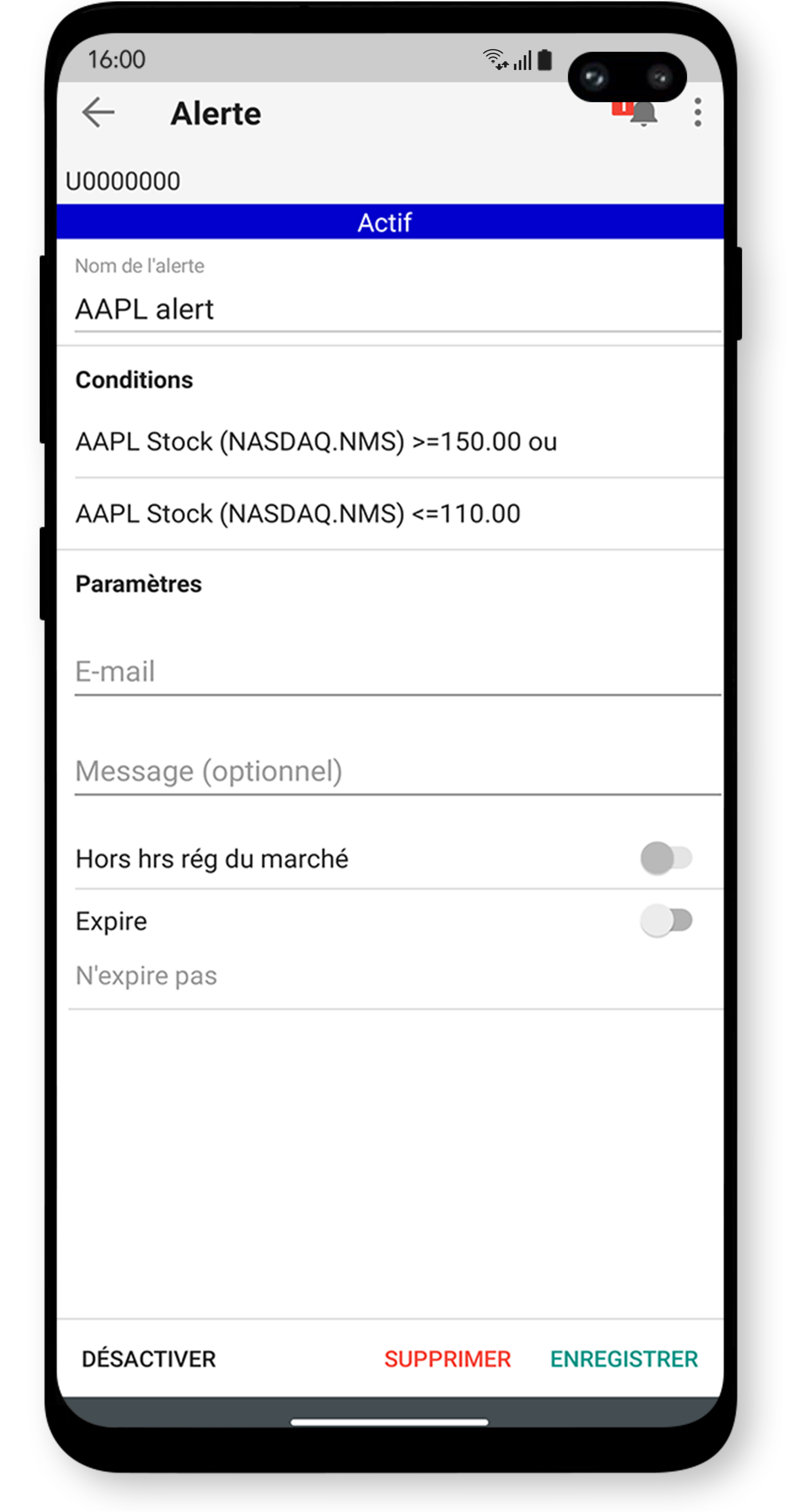 Application de trading Android : envoi d'alertes