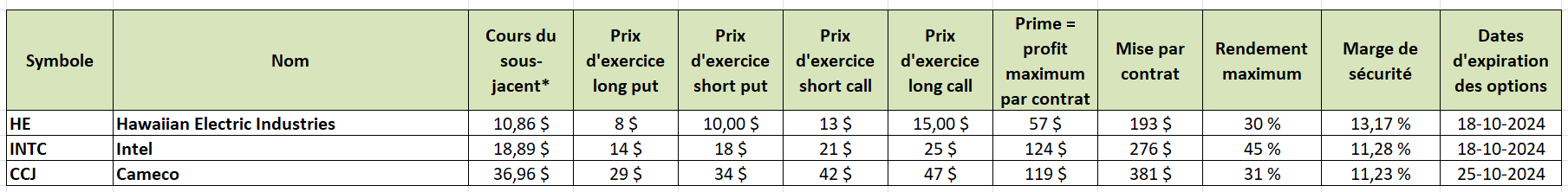 options en pratique - iron condors - HE - INTC - CCJ